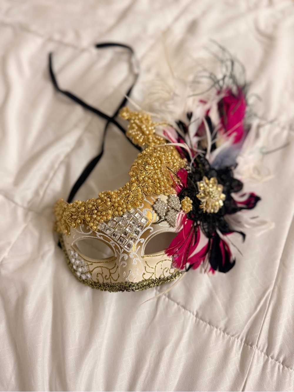 Gold and Pink Feathered Venetian Masquerade Mask